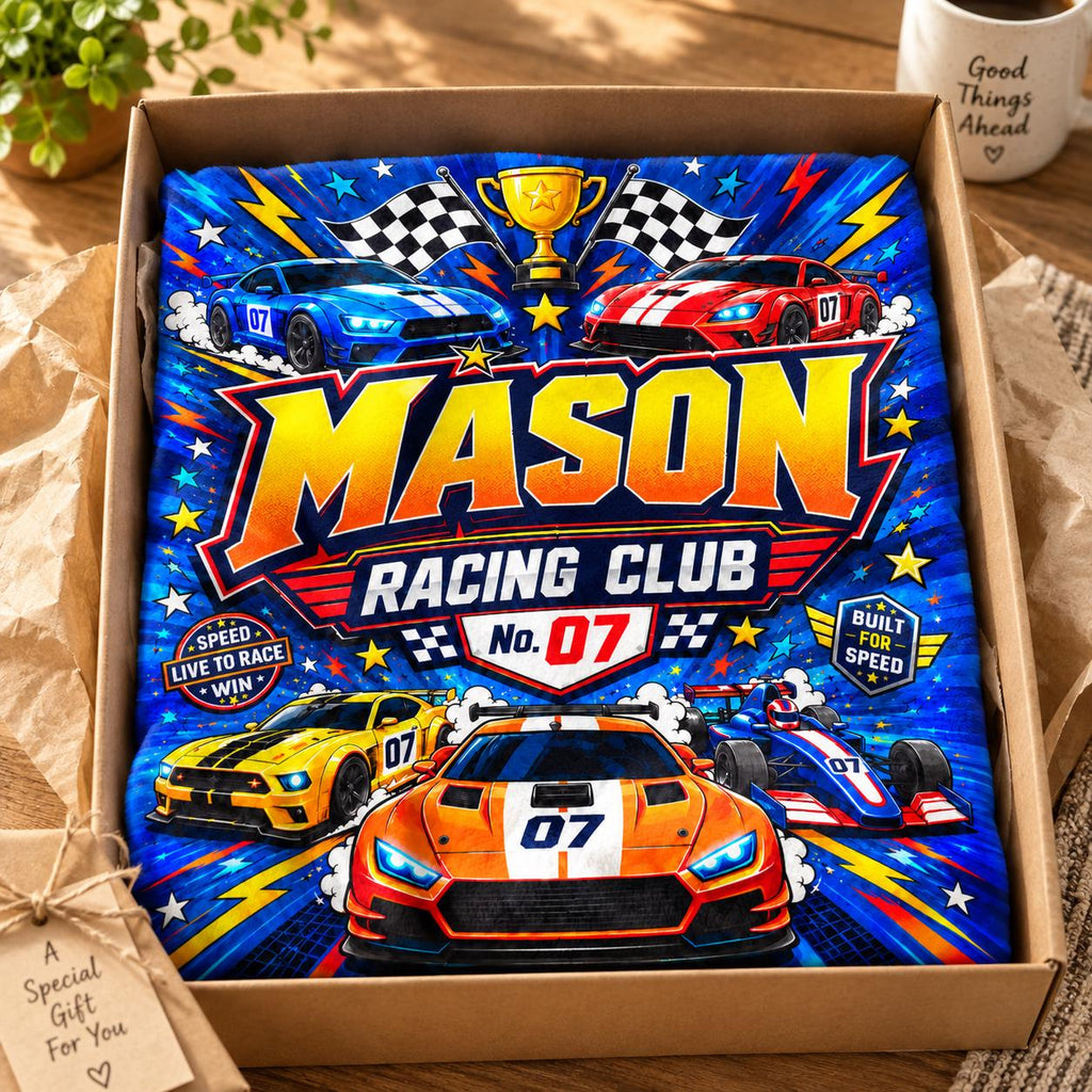 Personalized Racing Blanket for Boys, Custom Name Race Car Gift