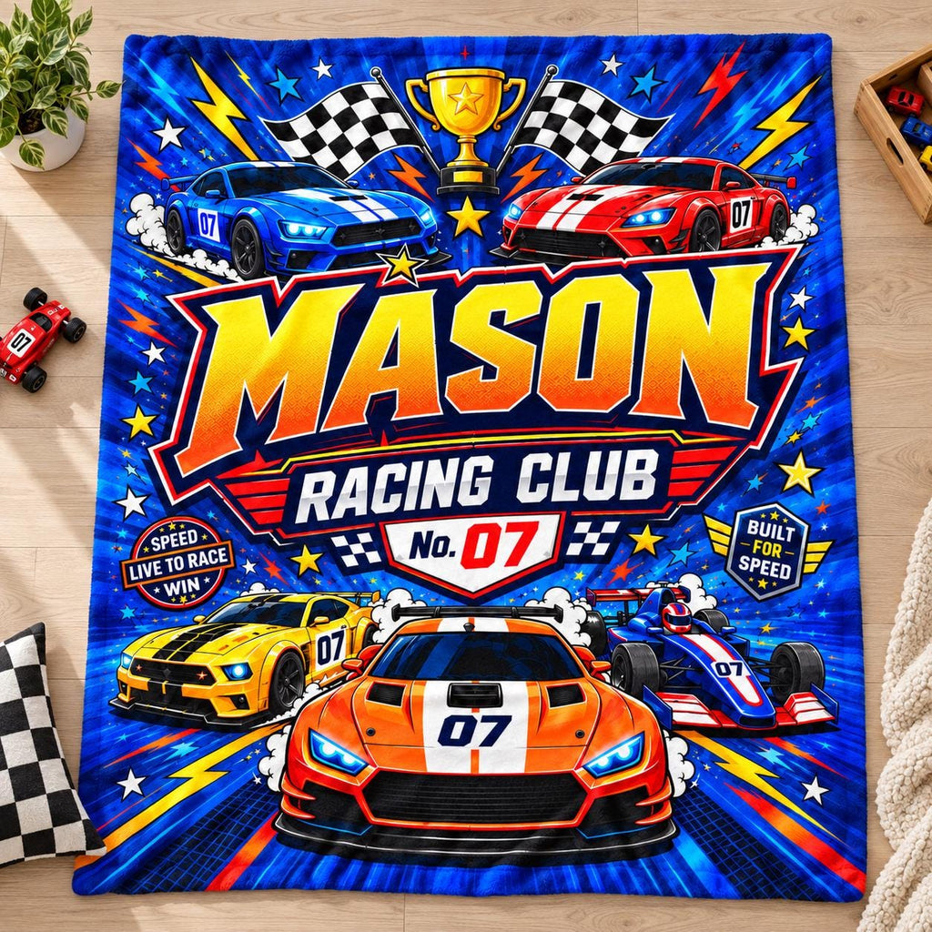 Personalized Racing Blanket for Boys, Custom Name Race Car Gift