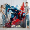 Personalized Captain America Blanket, Custom Superhero Throw with Name, Red White Blue Marvel Inspired Blanket, Comic Book Gift
