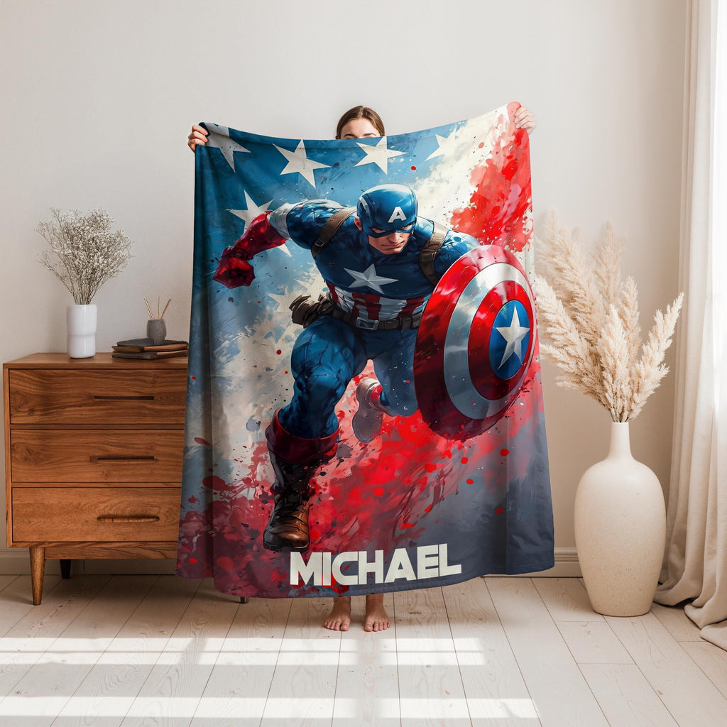 Personalized Captain America Blanket, Custom Superhero Throw with Name, Red White Blue Marvel Inspired Blanket, Comic Book Gift