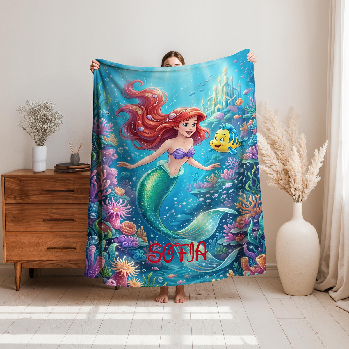 Personalized Mermaid Blanket, Custom Mermaid Throw with Name, Magical Ocean Blanket, Cute Under the Sea Kids Blanket, Mermaid Gift for Girls
