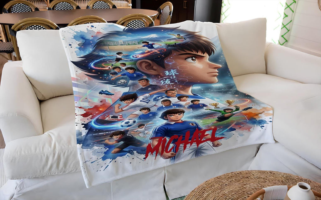 Custom Anime Soccer Throw Blanket, Personalized Name Football Fleece, Retro Japanese Manga Blanket, Cozy Sports Fan Room Decor