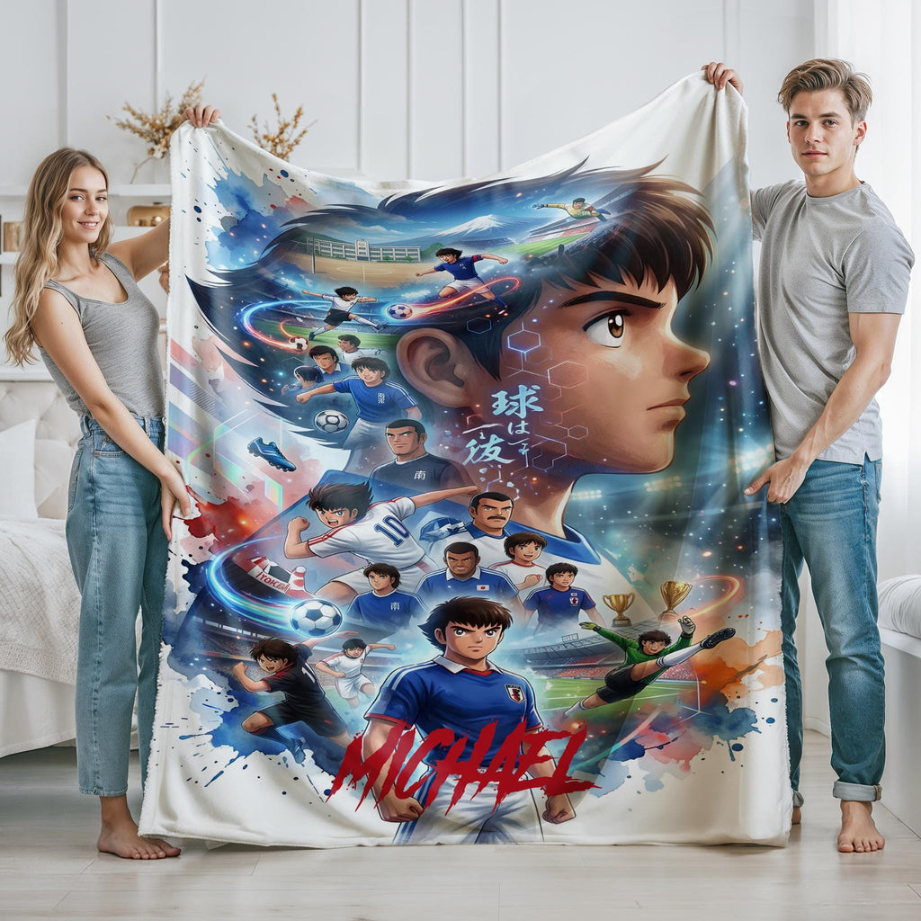 Custom Anime Soccer Throw Blanket, Personalized Name Football Fleece, Retro Japanese Manga Blanket, Cozy Sports Fan Room Decor