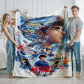 Custom Anime Soccer Throw Blanket, Personalized Name Football Fleece, Retro Japanese Manga Blanket, Cozy Sports Fan Room Decor
