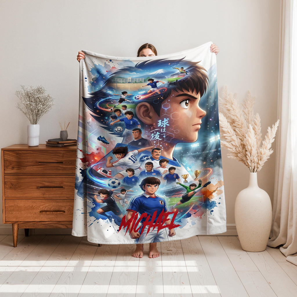 Custom Anime Soccer Throw Blanket, Personalized Name Football Fleece, Retro Japanese Manga Blanket, Cozy Sports Fan Room Decor