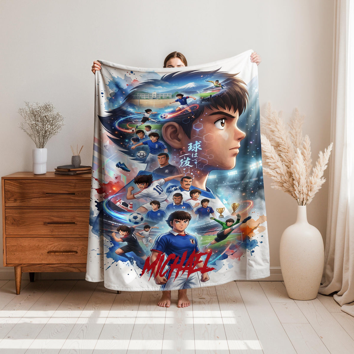Custom Anime Soccer Throw Blanket, Personalized Name Football Fleece, Retro Japanese Manga Blanket, Cozy Sports Fan Room Decor