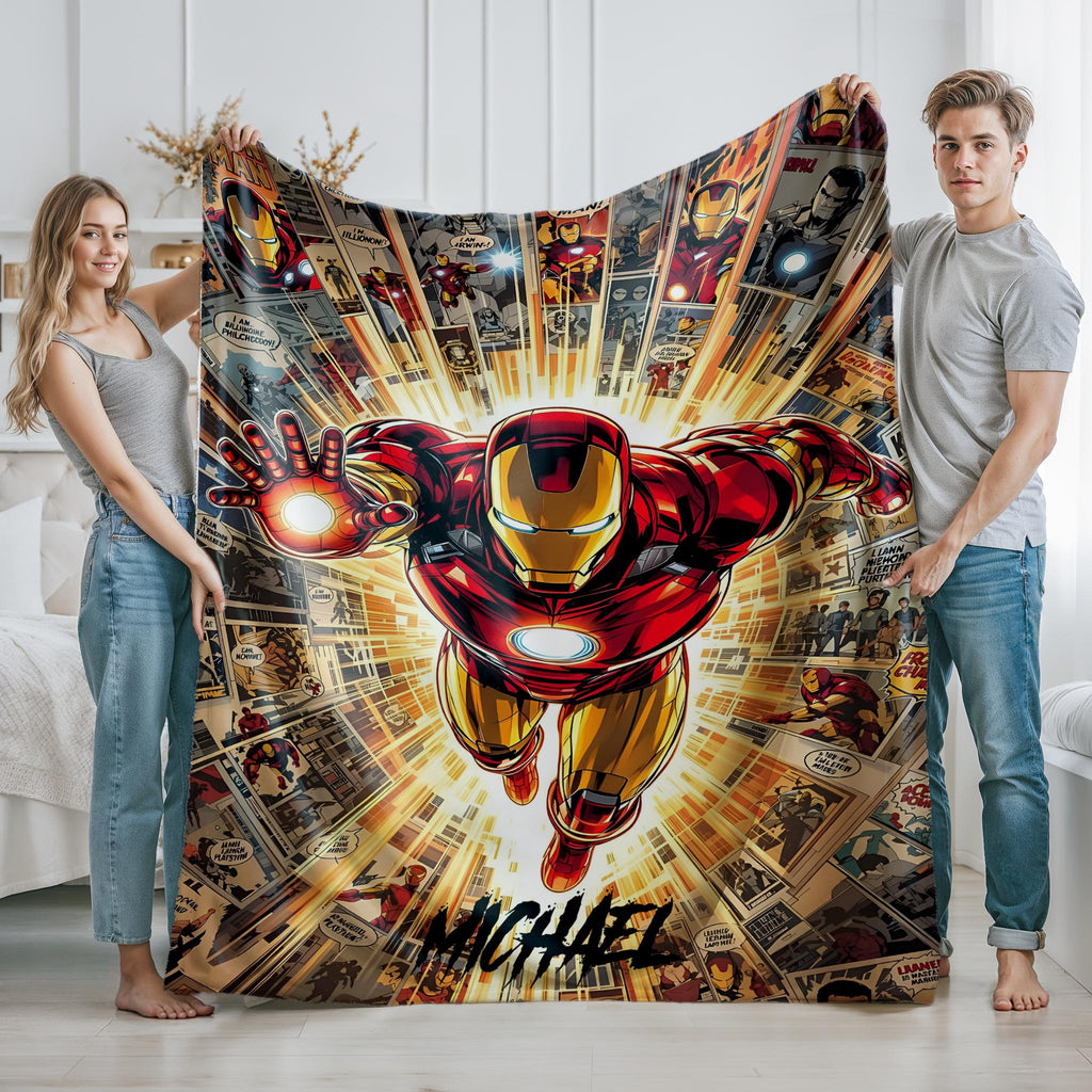 Personalized Iron Man Blanket, Custom Iron Man Throw with Name, Red Gold Superhero Blanket, Marvel Inspired Kids Blanket, Superhero Gift