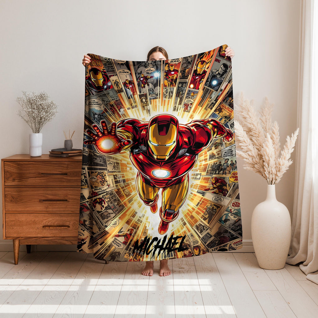 Personalized Iron Man Blanket, Custom Iron Man Throw with Name, Red Gold Superhero Blanket, Marvel Inspired Kids Blanket, Superhero Gift
