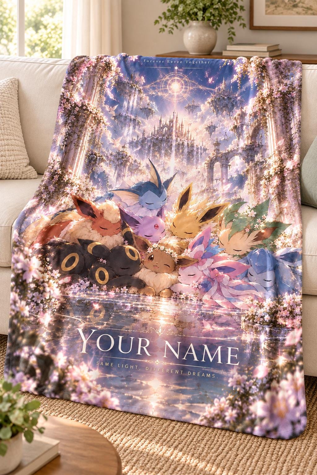 Personalized Eevee Evolutions Fleece Blanket, Custom Name, Moonlit Fantasy Art (Anime Gift)
