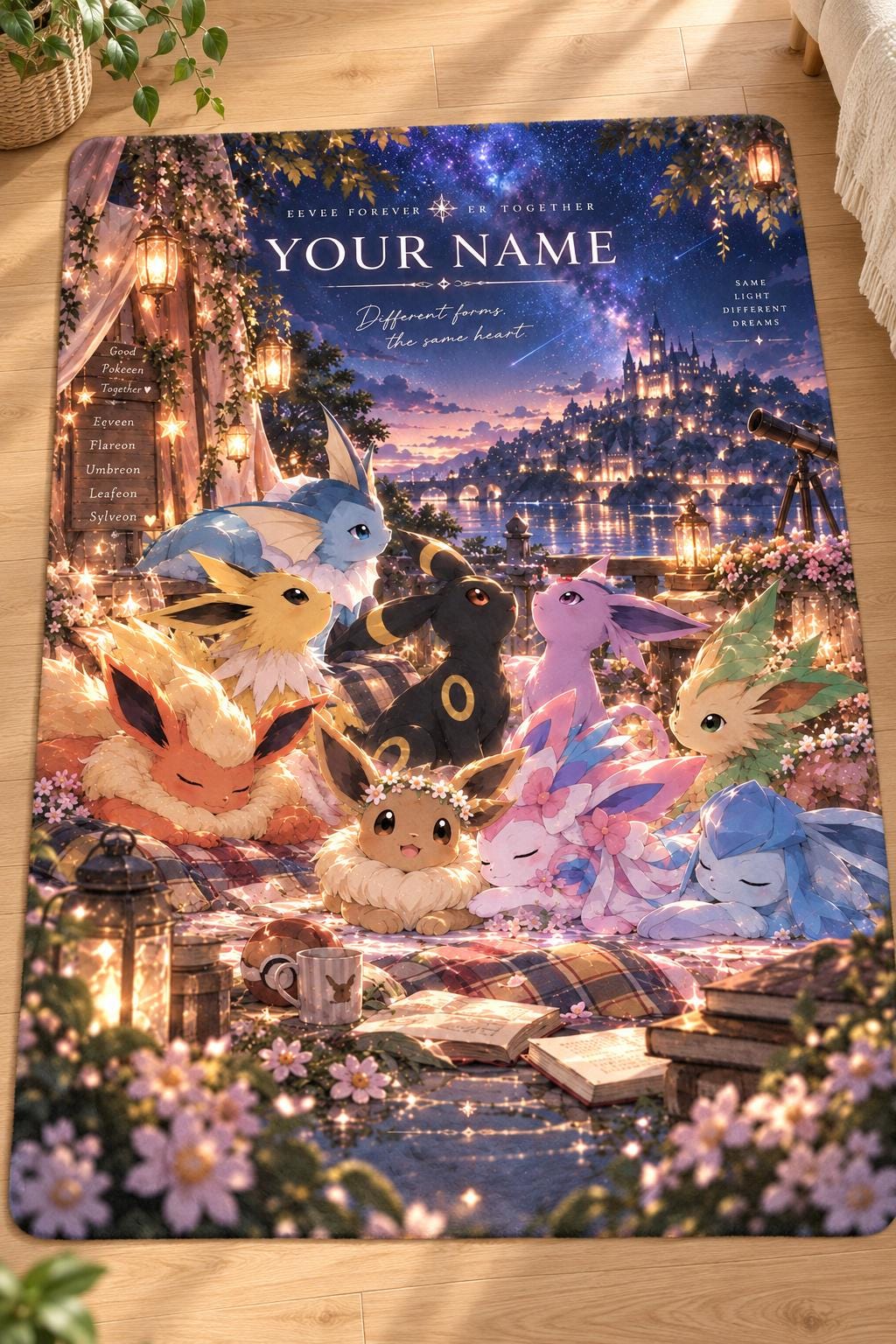 Personalized Eevee Evolutions Fleece Blanket, Custom Name, Moonlit Fantasy Art (Anime Gift)