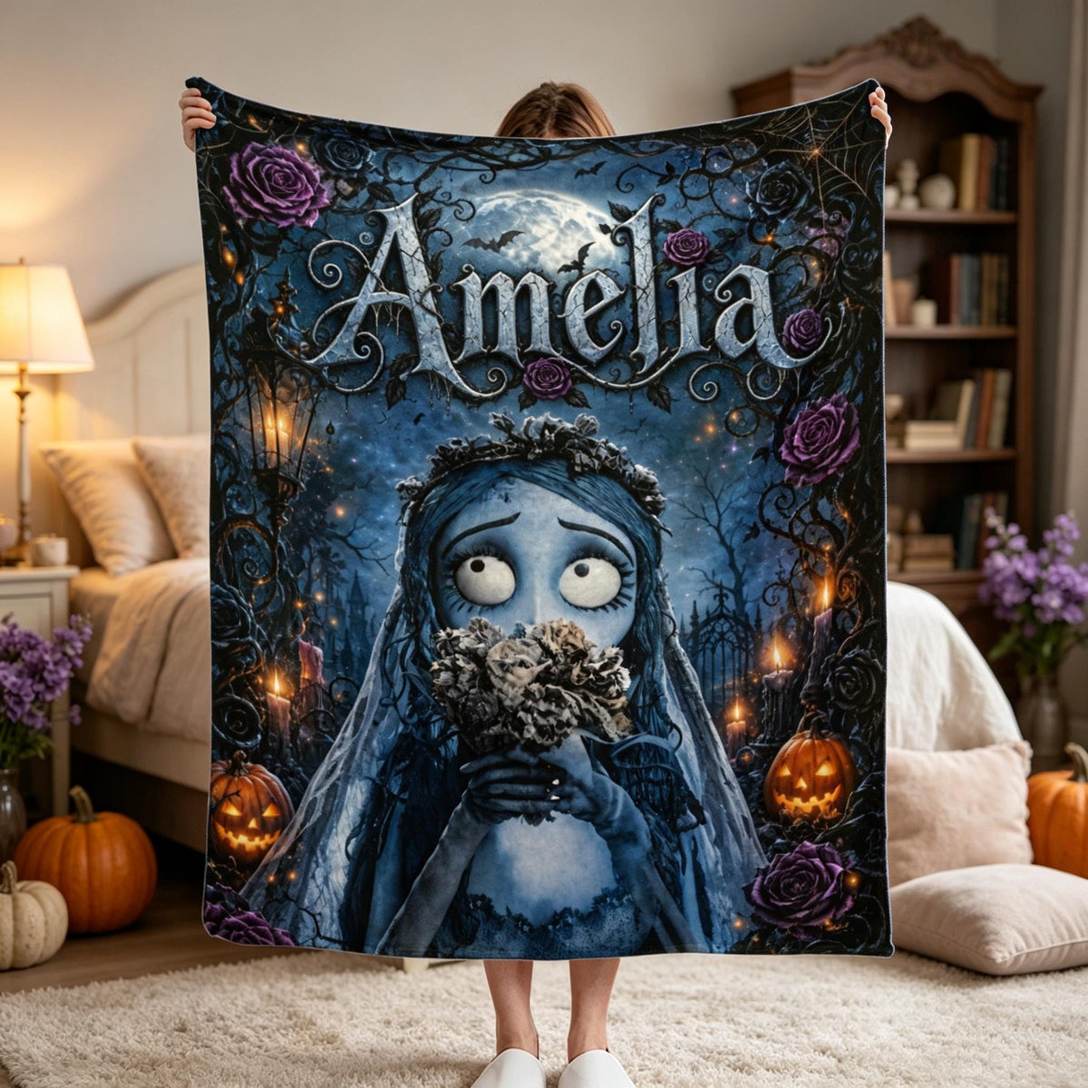 Personalized Gothic Bride Blanket Custom Name Spooky Halloween Fleece Throw