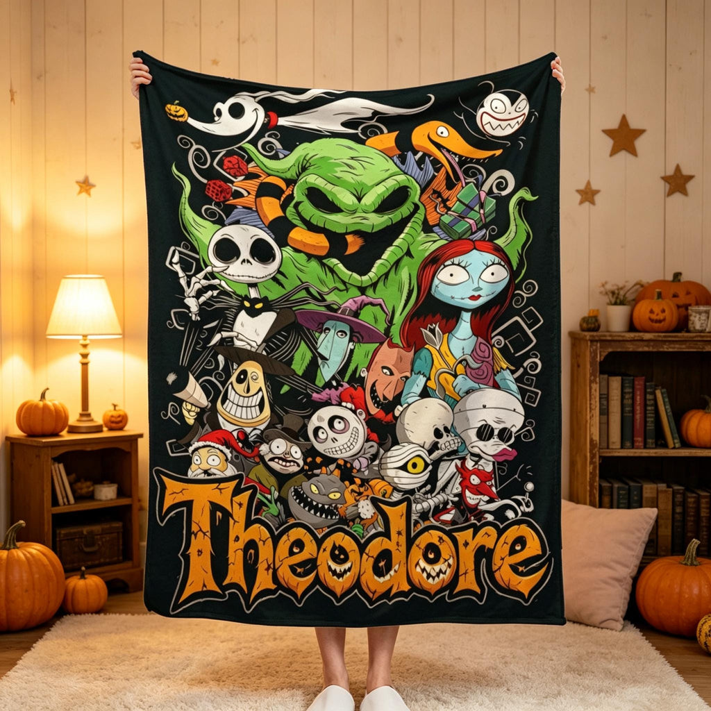 The Nightmare Before Christmas Personalized Spooky Gothic Throw Blanket, Custom Name Halloween Blanket, Halloween Town Bedroom Gift