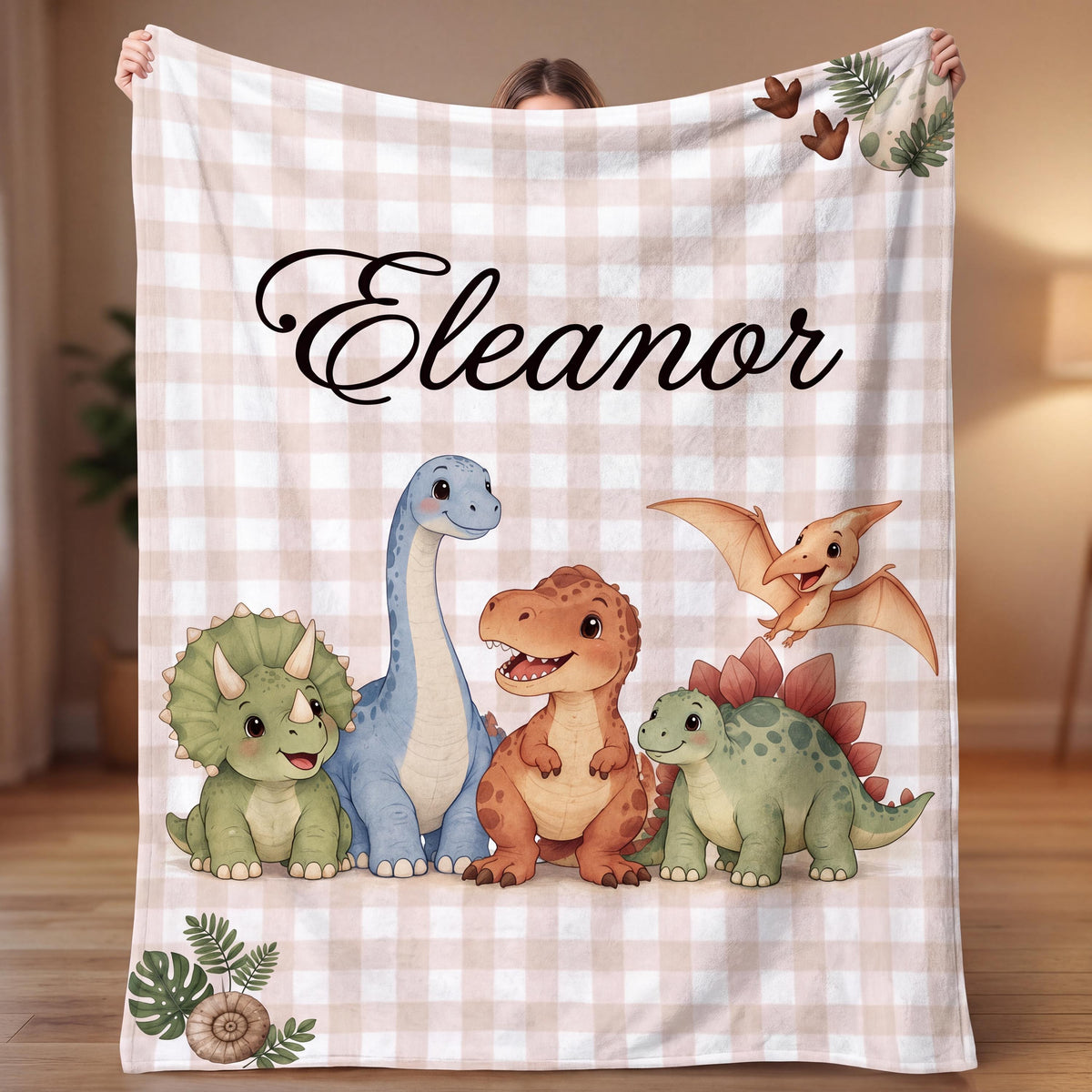 Personalized Dinosaur Blanket for Kids, Custom Pink Dino & Boy Nursery Decor, Baby Shower Gift, Toddler First Birthday Keepsake