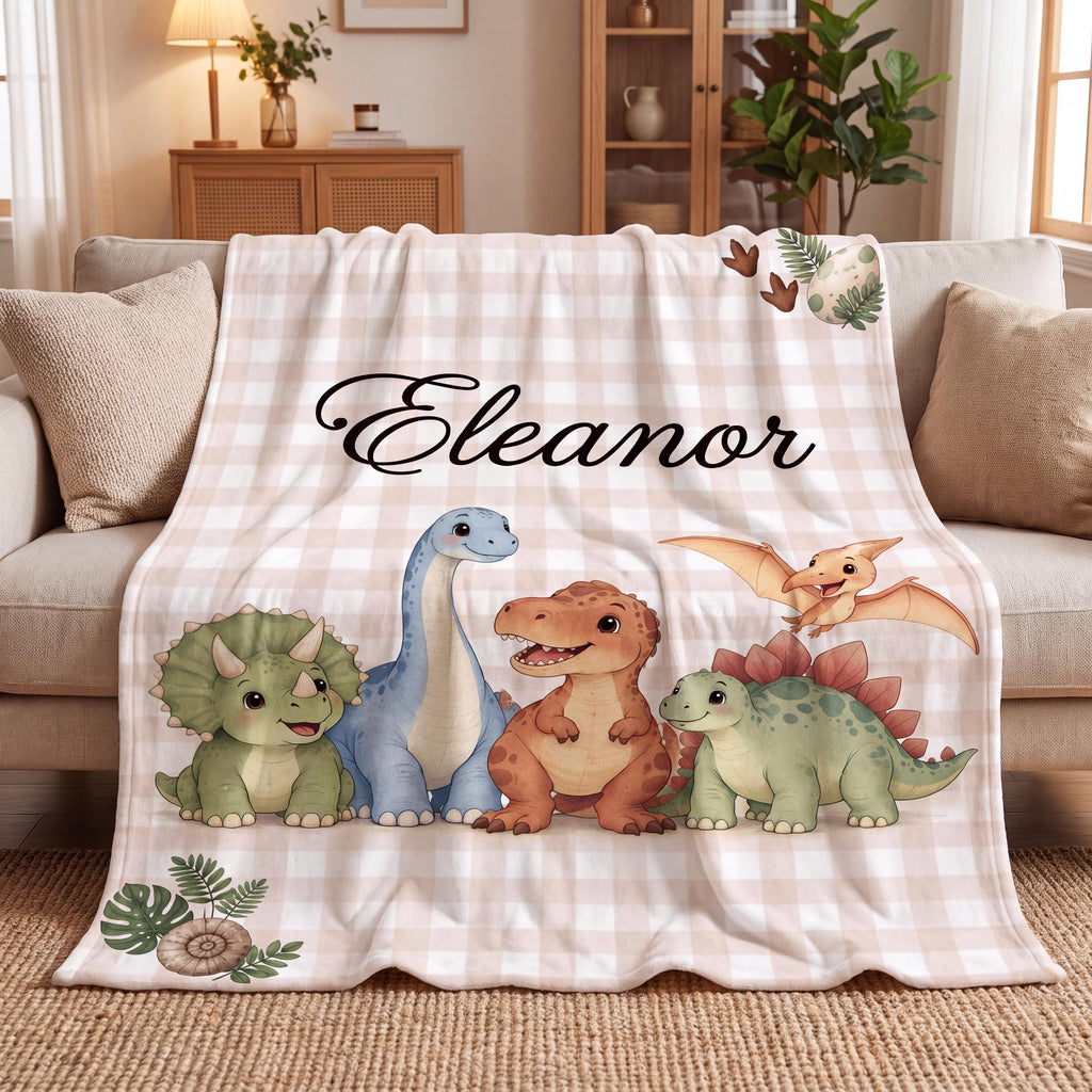 Personalized Dinosaur Blanket for Kids, Custom Pink Dino & Boy Nursery Decor, Baby Shower Gift, Toddler First Birthday Keepsake