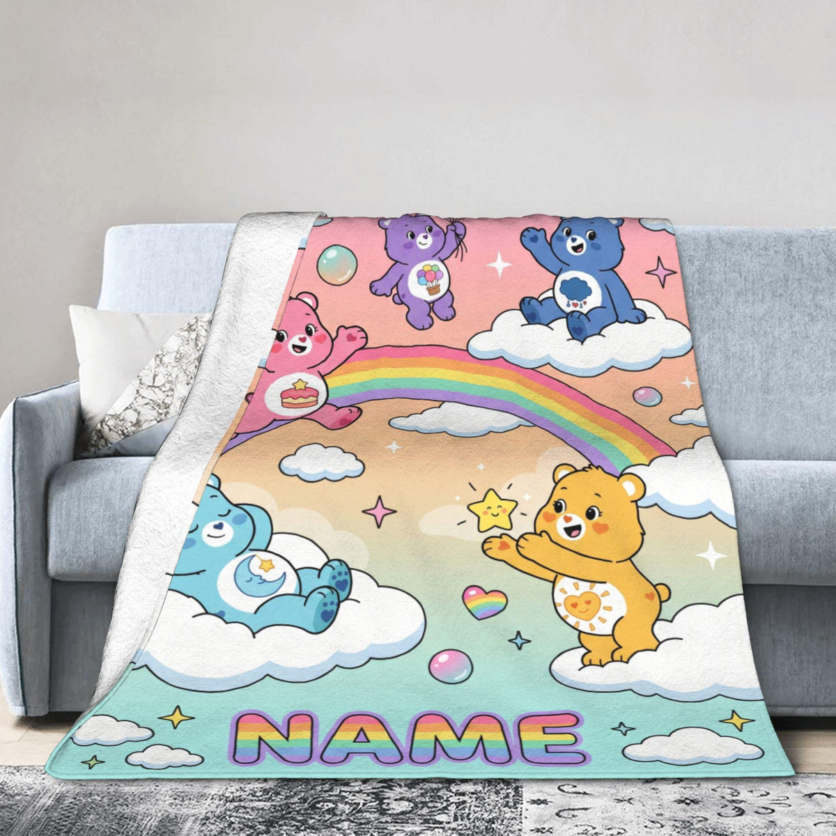 Custom Care Bears Rainbow Cloud Blanket, Personalized Colorful Balloon Sky Kids Throw