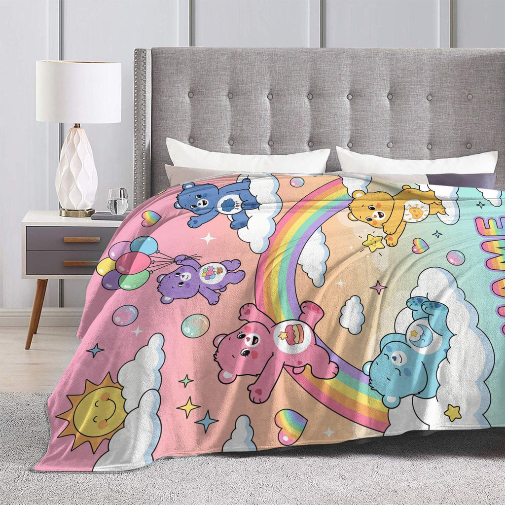 Custom Care Bears Rainbow Cloud Blanket, Personalized Colorful Balloon Sky Kids Throw
