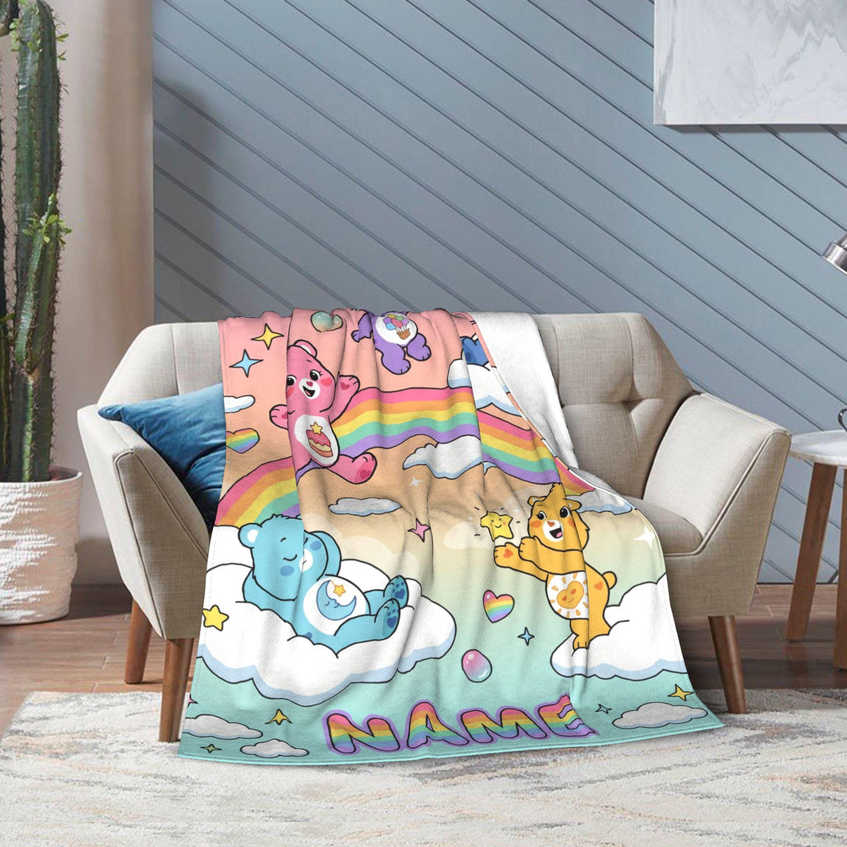 Custom Care Bears Rainbow Cloud Blanket, Personalized Colorful Balloon Sky Kids Throw
