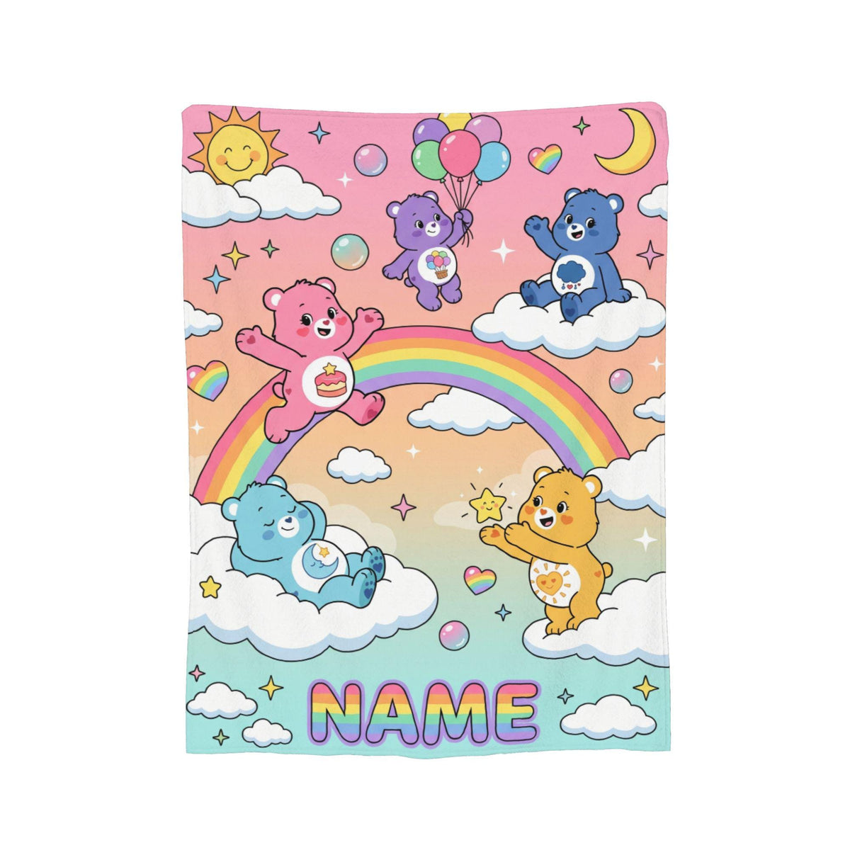 Custom Care Bears Rainbow Cloud Blanket, Personalized Colorful Balloon Sky Kids Throw
