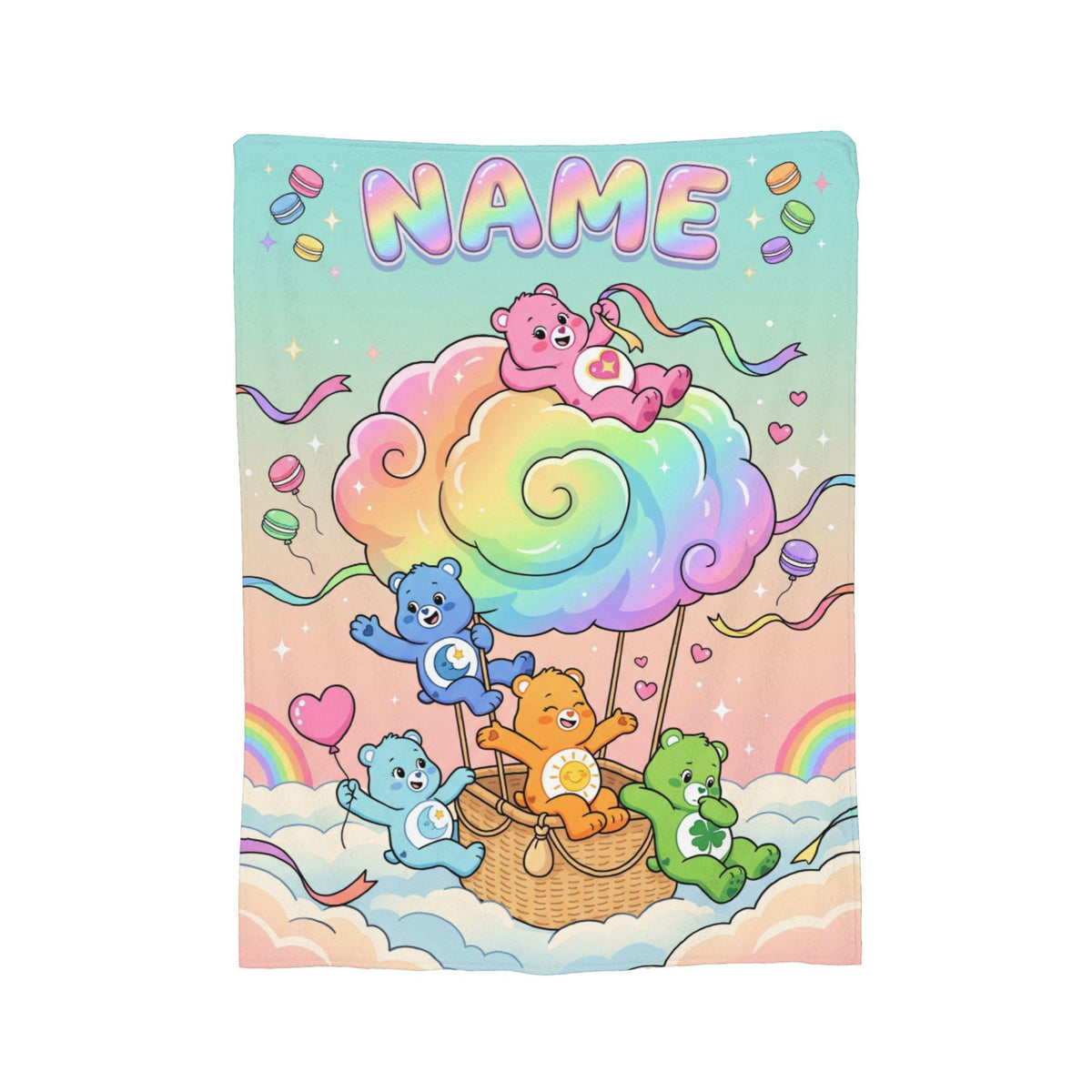 Customizable Care Bears Hot Air Balloon Blanket, Custom Pastel Rainbow Cloud Throw