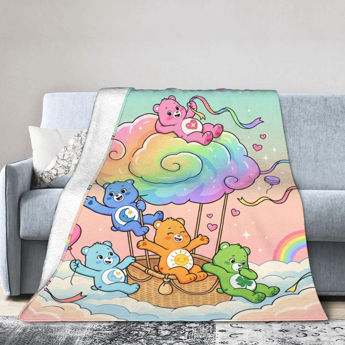Customizable Care Bears Hot Air Balloon Blanket, Custom Pastel Rainbow Cloud Throw