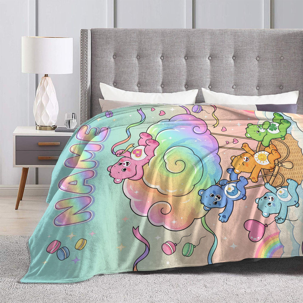 Customizable Care Bears Hot Air Balloon Blanket, Custom Pastel Rainbow Cloud Throw
