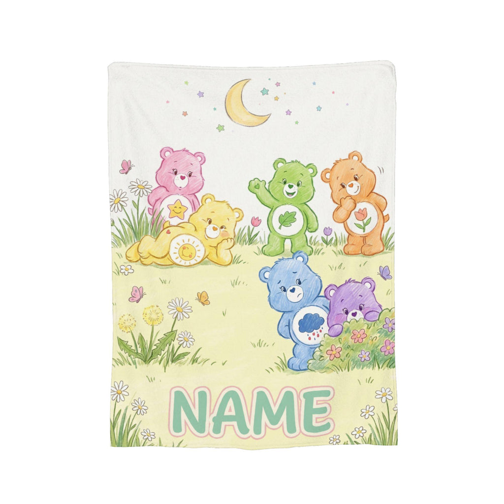 Custom Care Bears Hand Drawn Daisy Meadow Blanket, Personalized Floral Flannel Throw