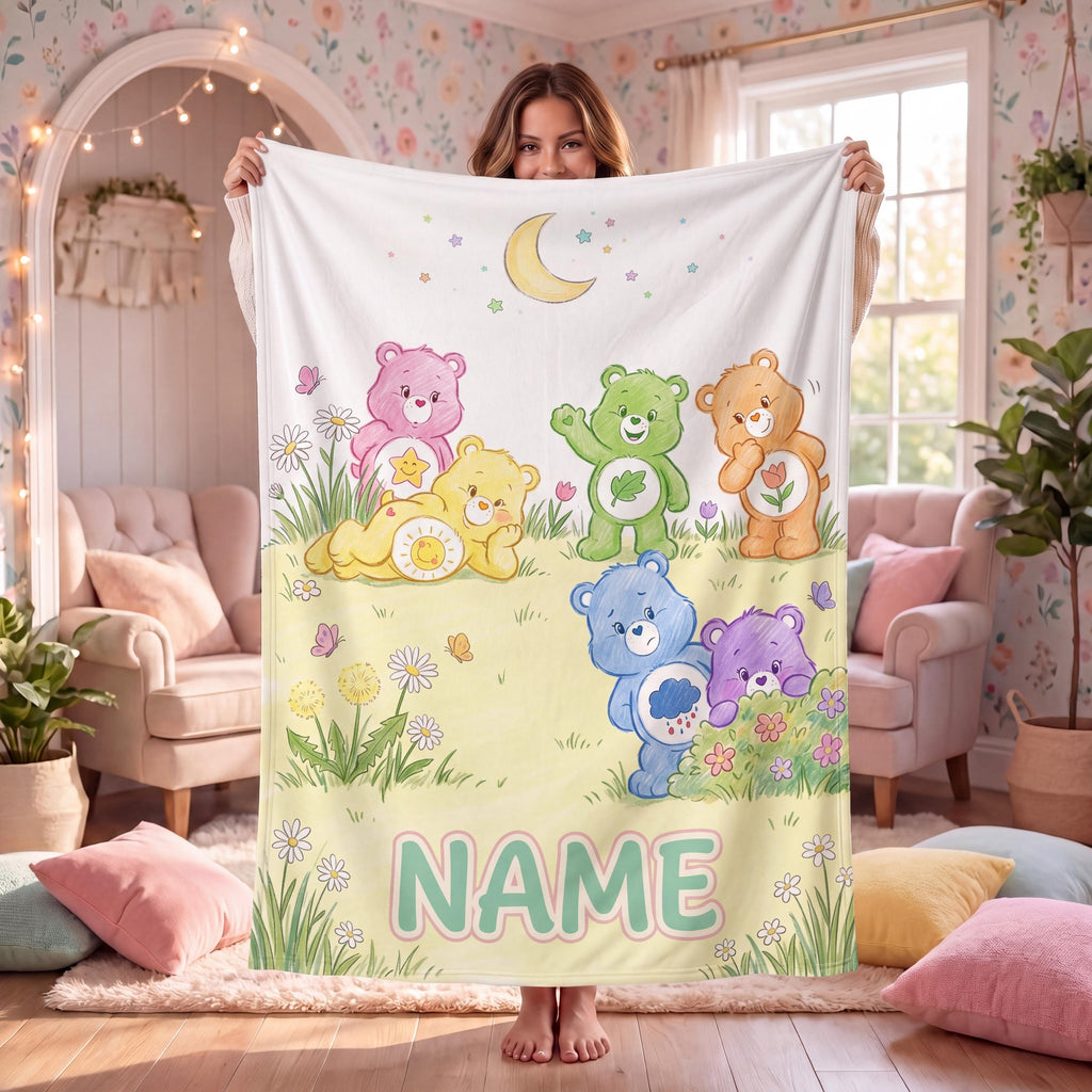 Custom Care Bears Hand Drawn Daisy Meadow Blanket, Personalized Floral Flannel Throw