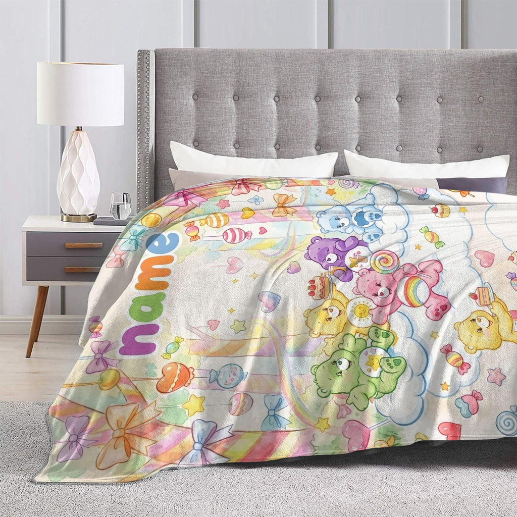 Personalized Care Bears Sweet Candy Cane Forest Blanket, Custom Lollipop Cake Throw