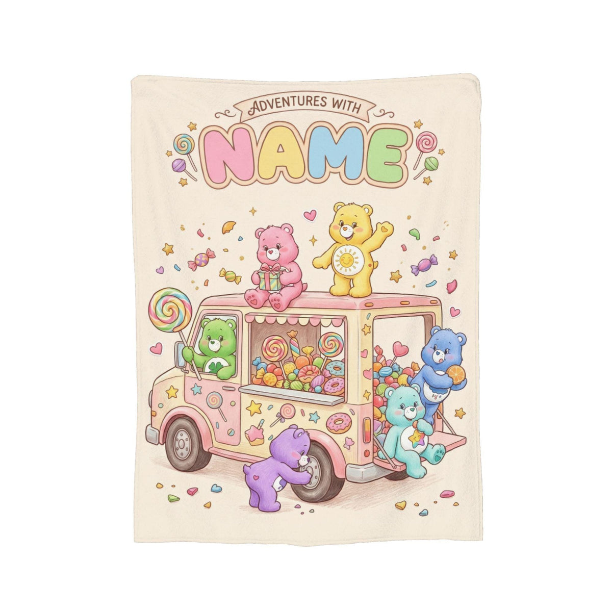 Custom Care Bears Candy Truck Adventure Blanket, Personalized Sweet Treats Fleece