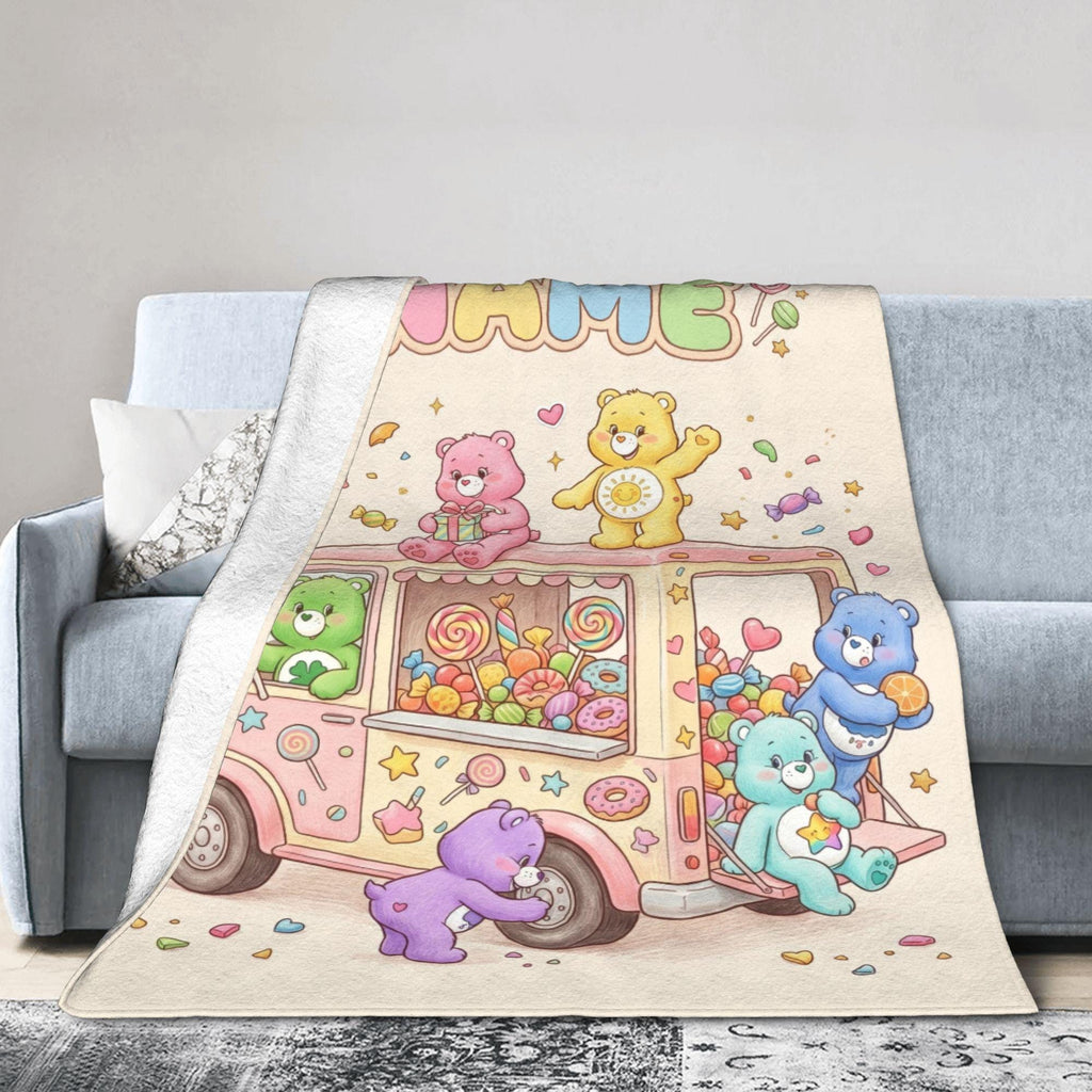 Custom Care Bears Candy Truck Adventure Blanket, Personalized Sweet Treats Fleece