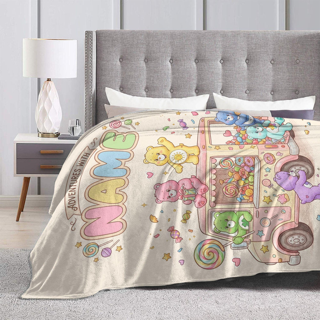 Custom Care Bears Candy Truck Adventure Blanket, Personalized Sweet Treats Fleece