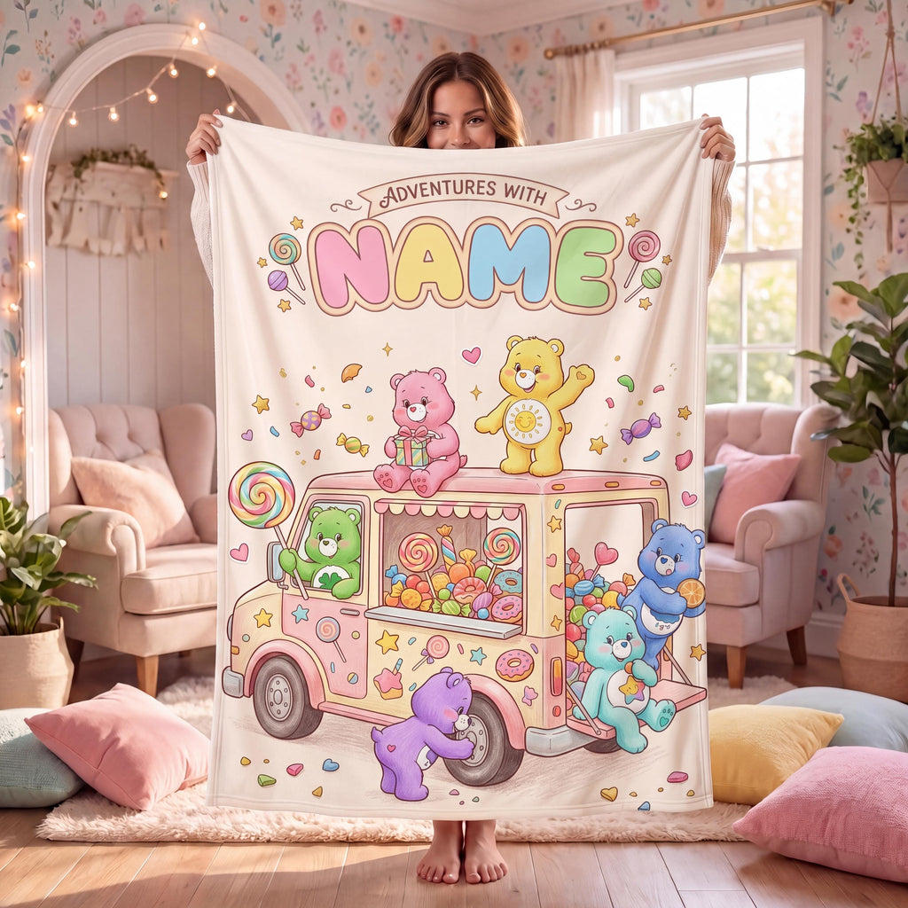 Custom Care Bears Candy Truck Adventure Blanket, Personalized Sweet Treats Fleece