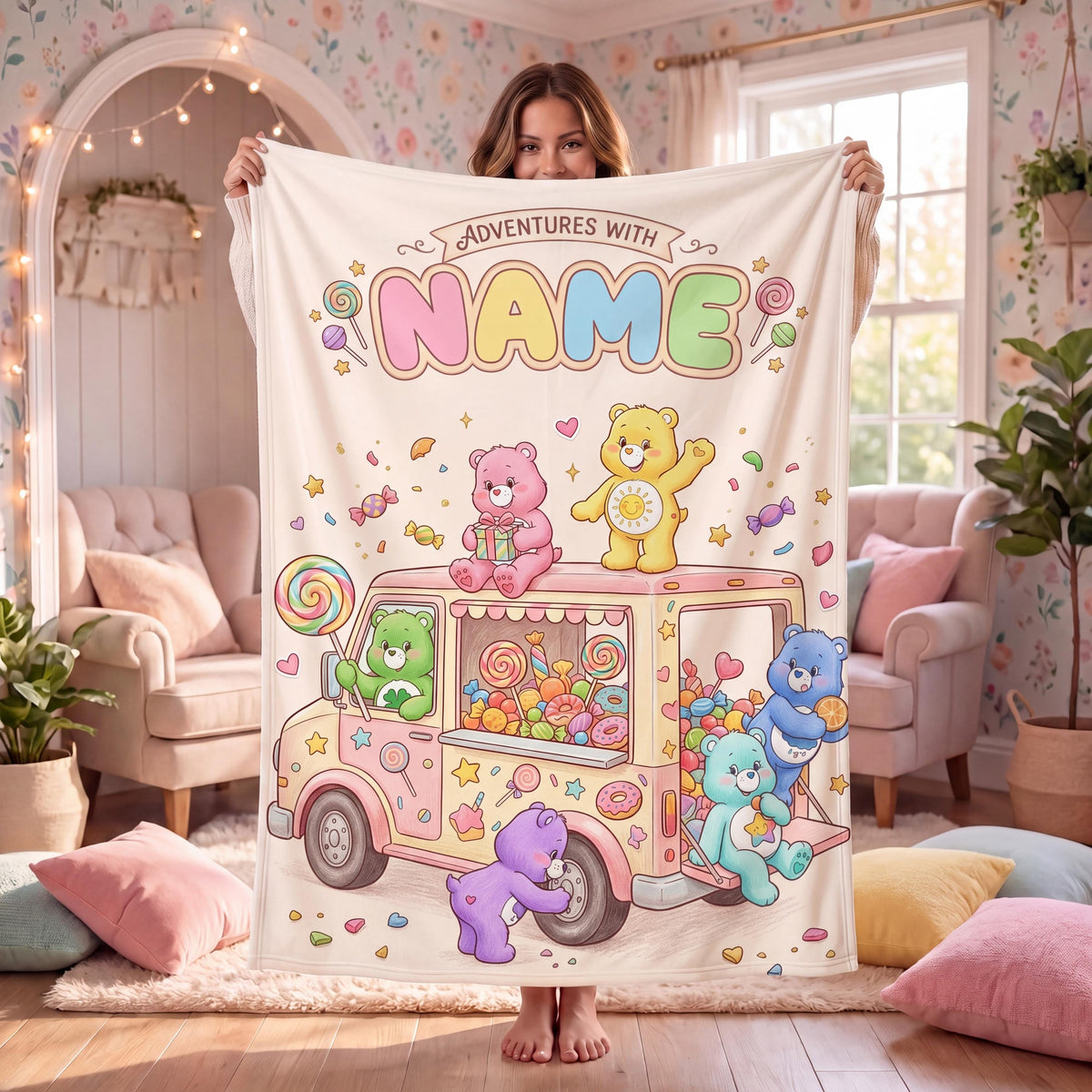 Custom Care Bears Candy Truck Adventure Blanket, Personalized Sweet Treats Fleece