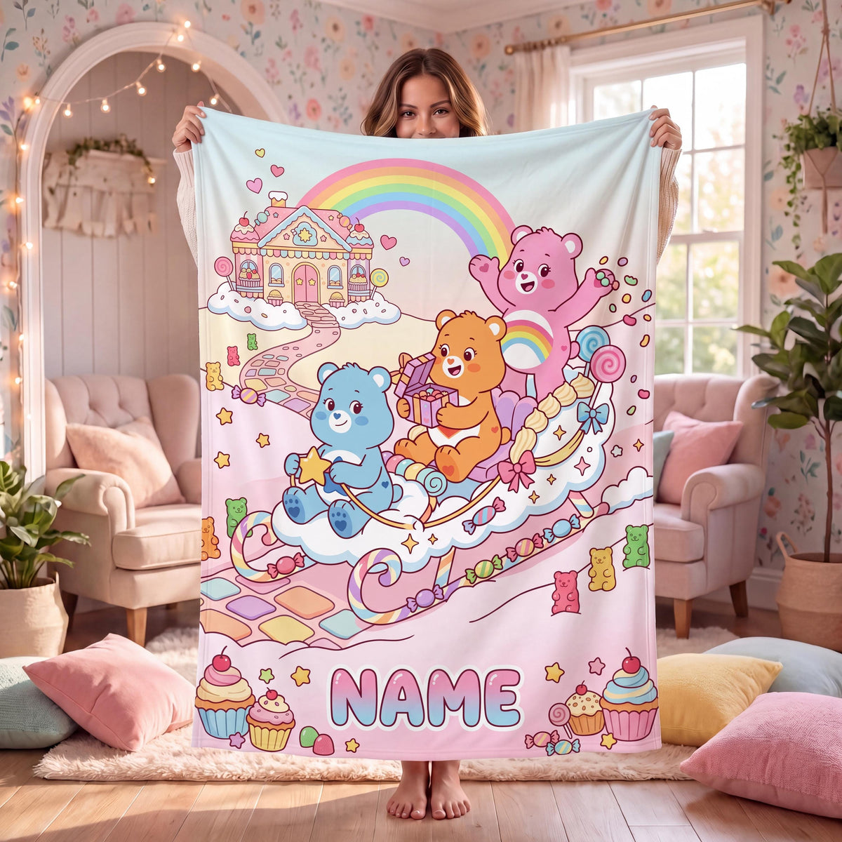 Personalized Care Bears Candy Sleigh Blanket, Custom Rainbow Castle Kids Fleece