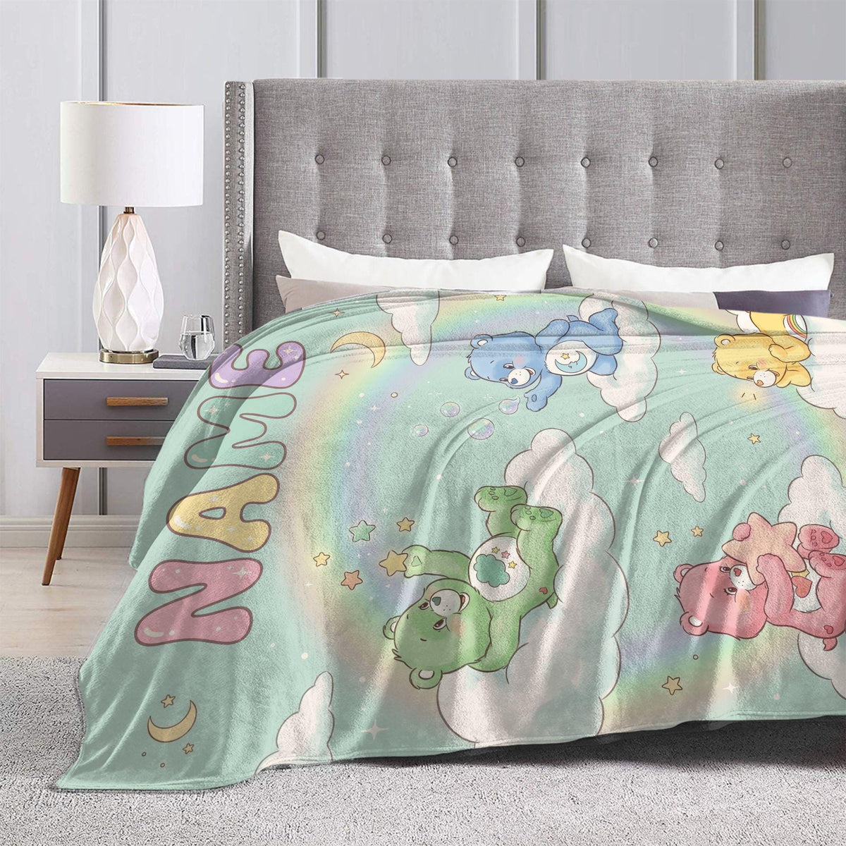 Personalized Care Bears Cloud Blanket, Mint Rainbow Stars, Soft Flannel Throw