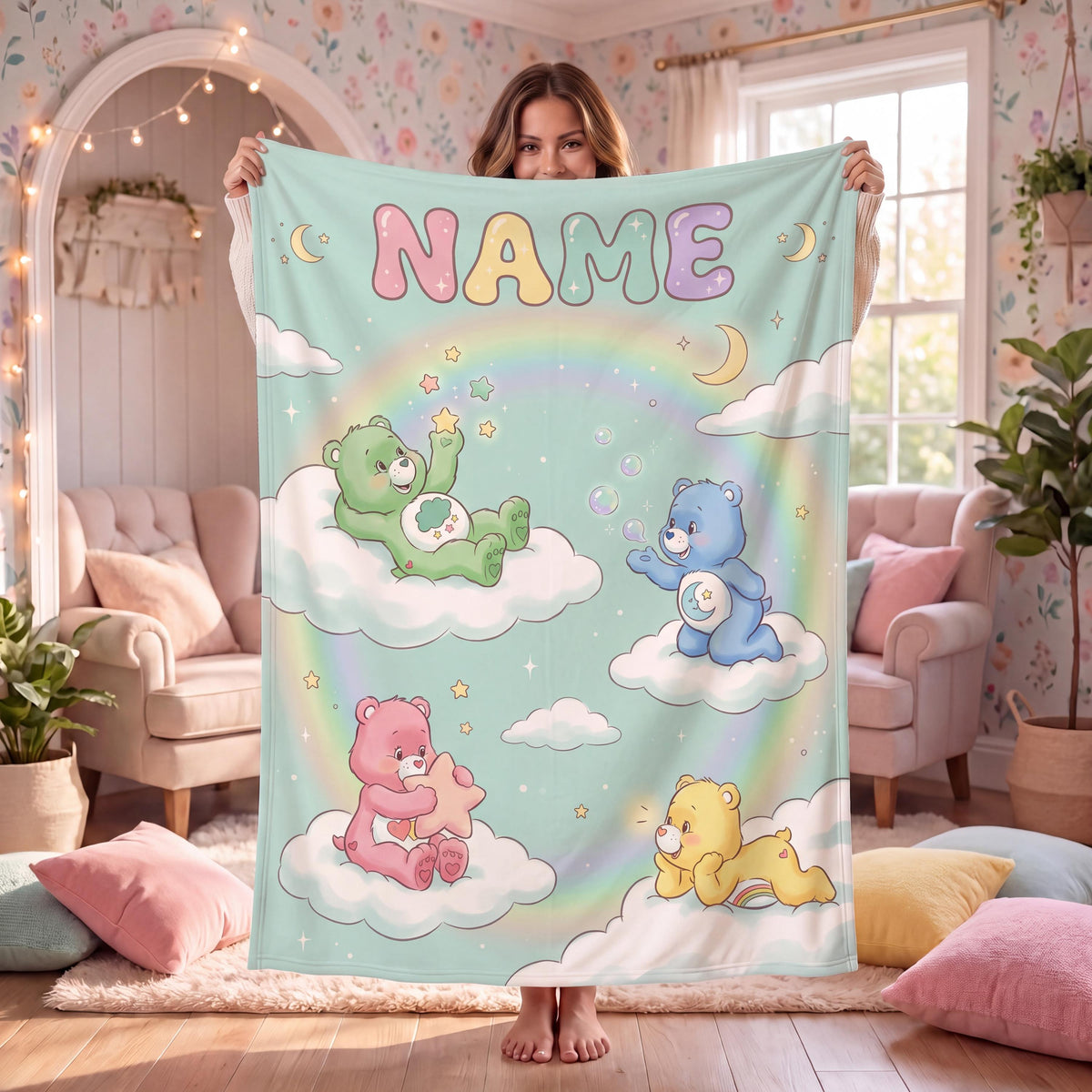 Personalized Care Bears Cloud Blanket, Mint Rainbow Stars, Soft Flannel Throw