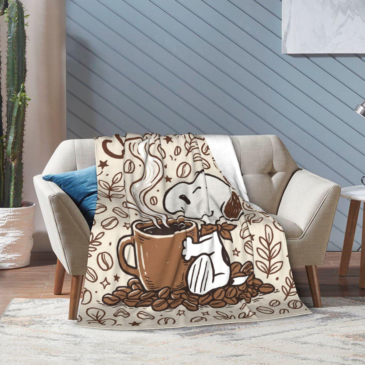 Personalized Coffee Lover Hound Flannel Blanket, Custom Morning Brew Dog Throw, Warm Cafe Comic Bedding, Cozy Barista Gift for Best Friend