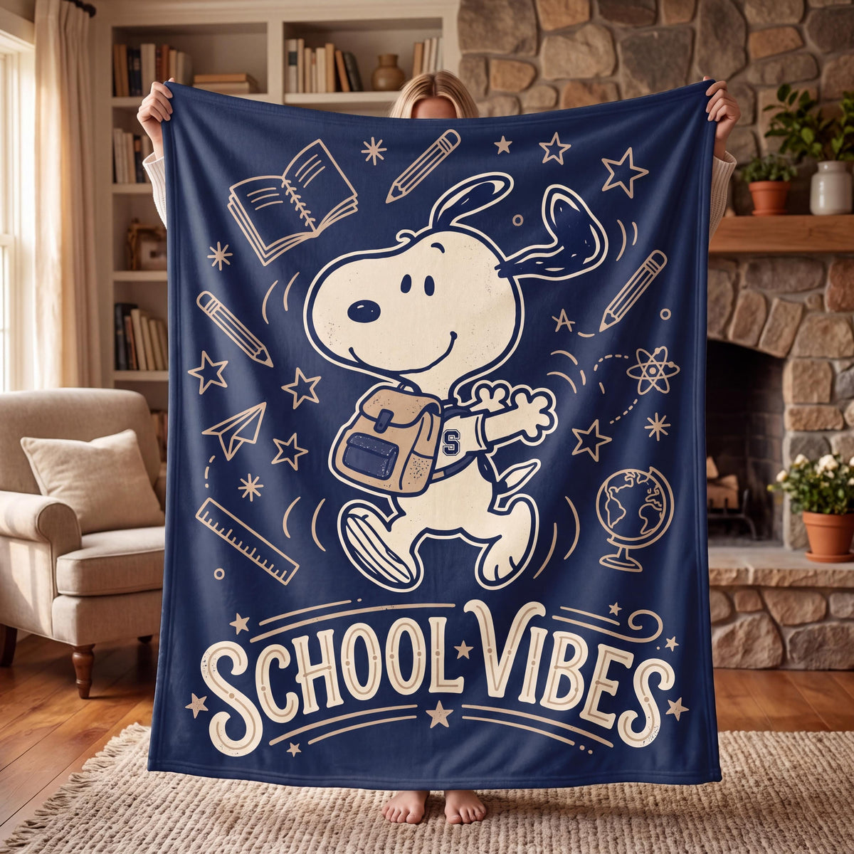 Personalized School Vibes Hound Flannel Blanket, Custom Campus Study Dog Throw, Back to School Bedding, Student Teacher Gift for Boys Girls