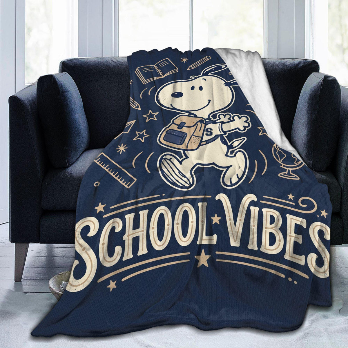 Personalized School Vibes Hound Flannel Blanket, Custom Campus Study Dog Throw, Back to School Bedding, Student Teacher Gift for Boys Girls
