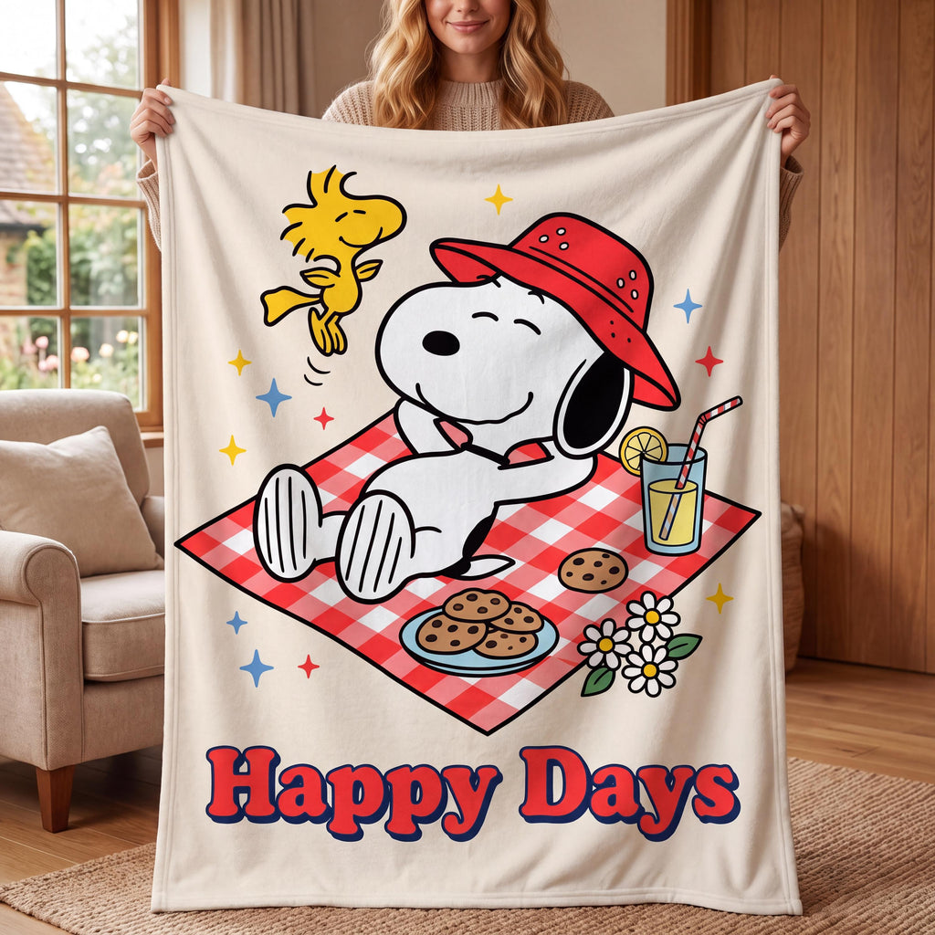 Personalized Happy Days Picnic Flannel Blanket, Custom Park Lawn Hound Throw, Spring Gingham Bedding, Wholesome Outdoor Gift for Friends