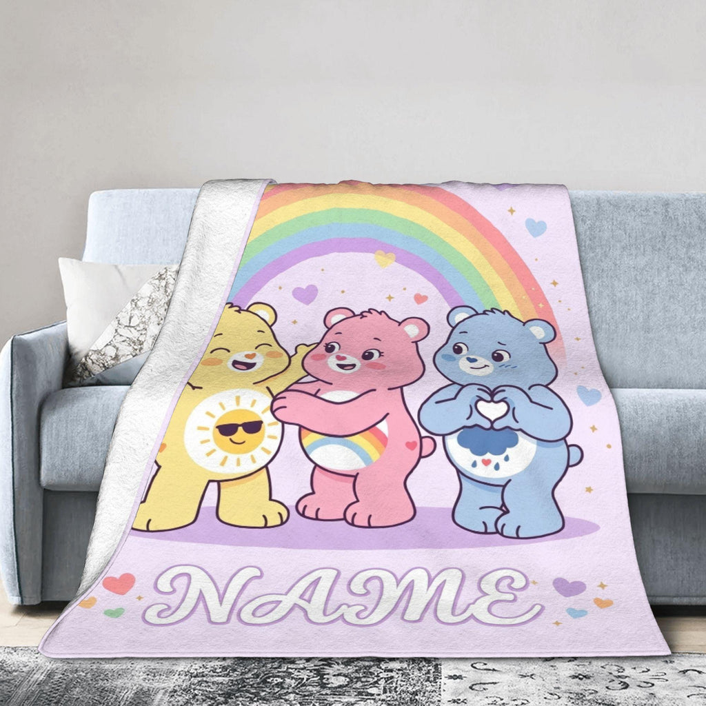 Personalized Care Bears Rainbow Hug Flannel Blanket, Custom Name Throw