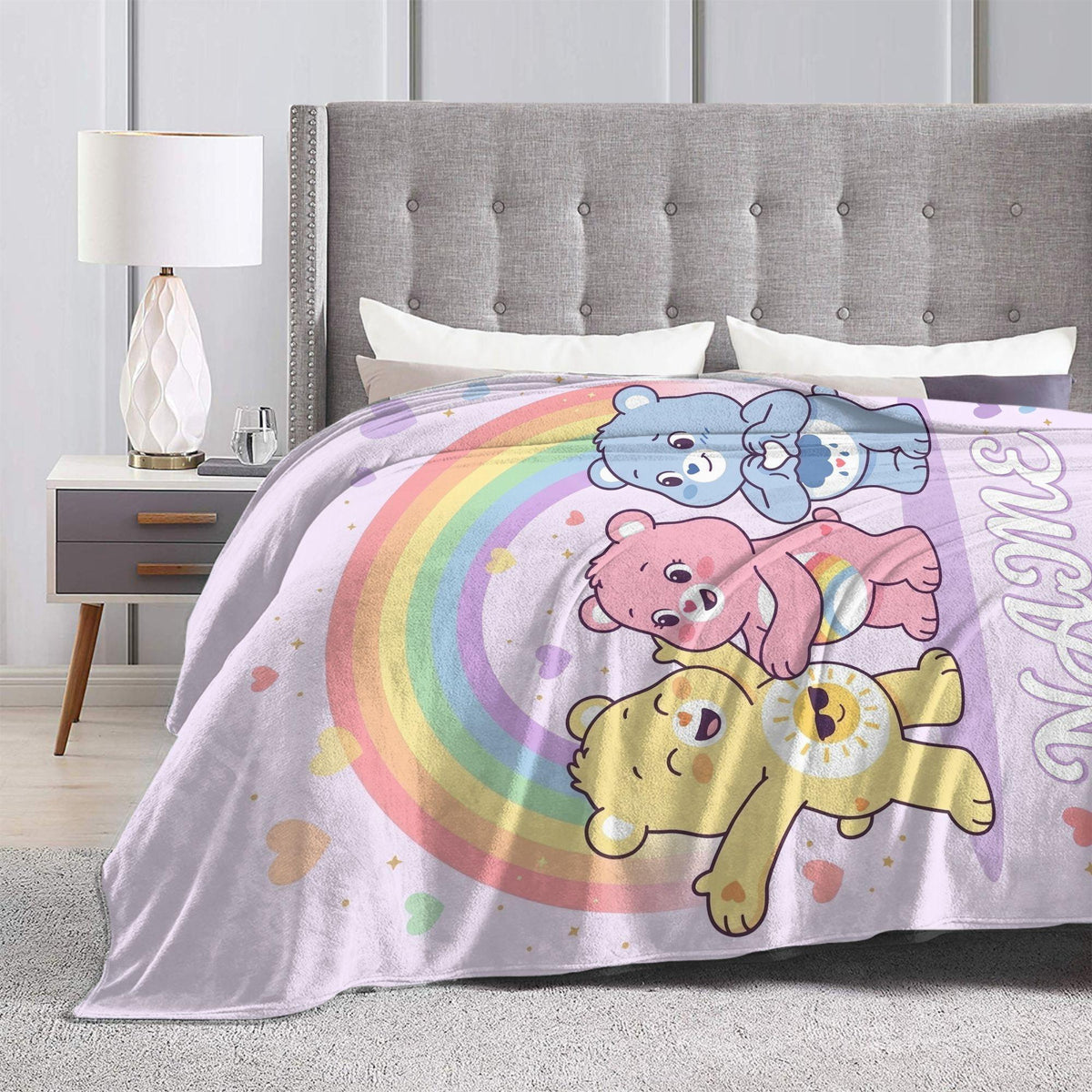 Personalized Care Bears Rainbow Hug Flannel Blanket, Custom Name Throw