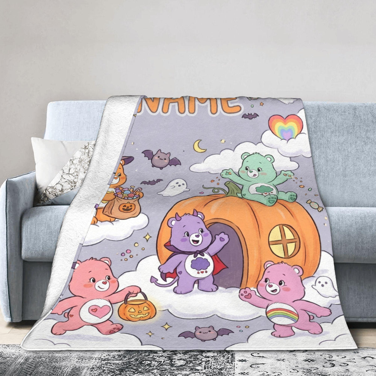 Personalized Care Bears Halloween Pumpkin Blanket, Custom Spooky Kids Fleece
