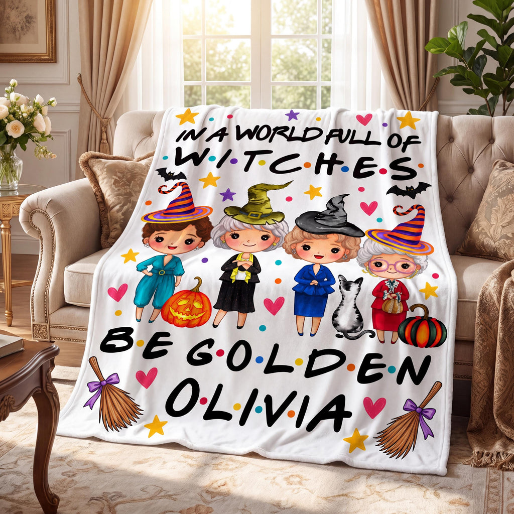 Personalized Golden Halloween Flannel Blanket, Custom Name Witch Girls Throw, In A World Full Of Witches Be Golden Cozy Fall Bestie Gift