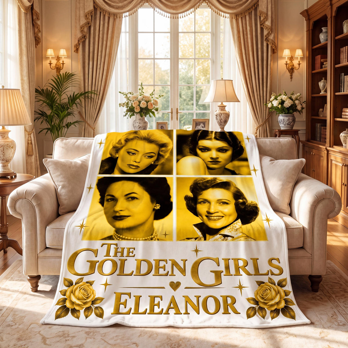Personalized Golden Blanket, Custom Name Flannel Girls Throw, Retro TV Show Fan Gift for Friend, Cozy Couch Bedding Birthday Present