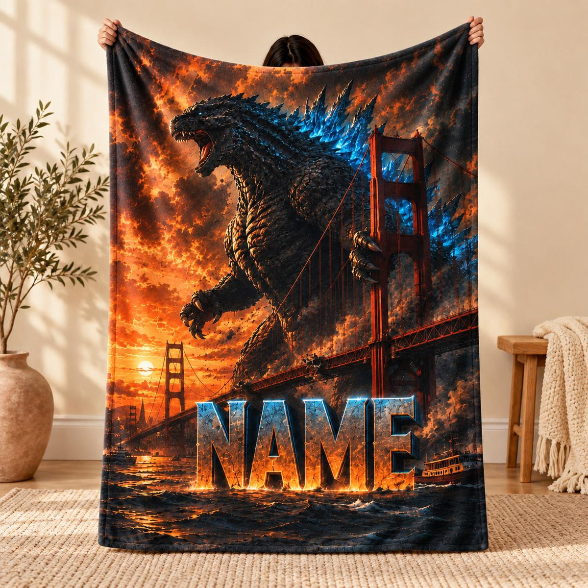 Kids Custom Godzilla Bigfoot Chupacabra Blanket Soft Throw, Personalized Name Monster Creature Print