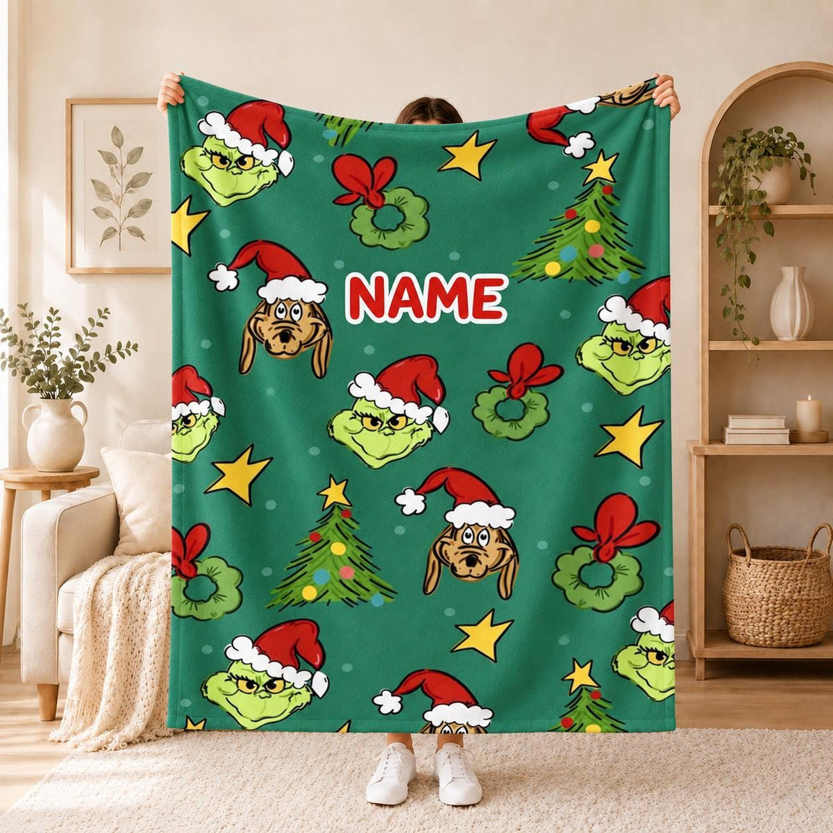 Personalized Grinch Holiday Blanket: Festive Snowflake Pattern, Custom Name Throw