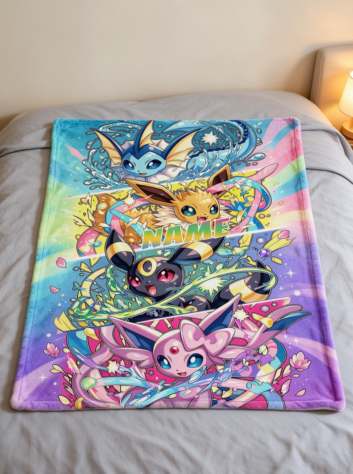 Eevee Evolutions Custom Flannel Blanket, Personalized Name Pokémon Throw, Vaporeon Jolteon Umbreon Sylveon Fan Gift
