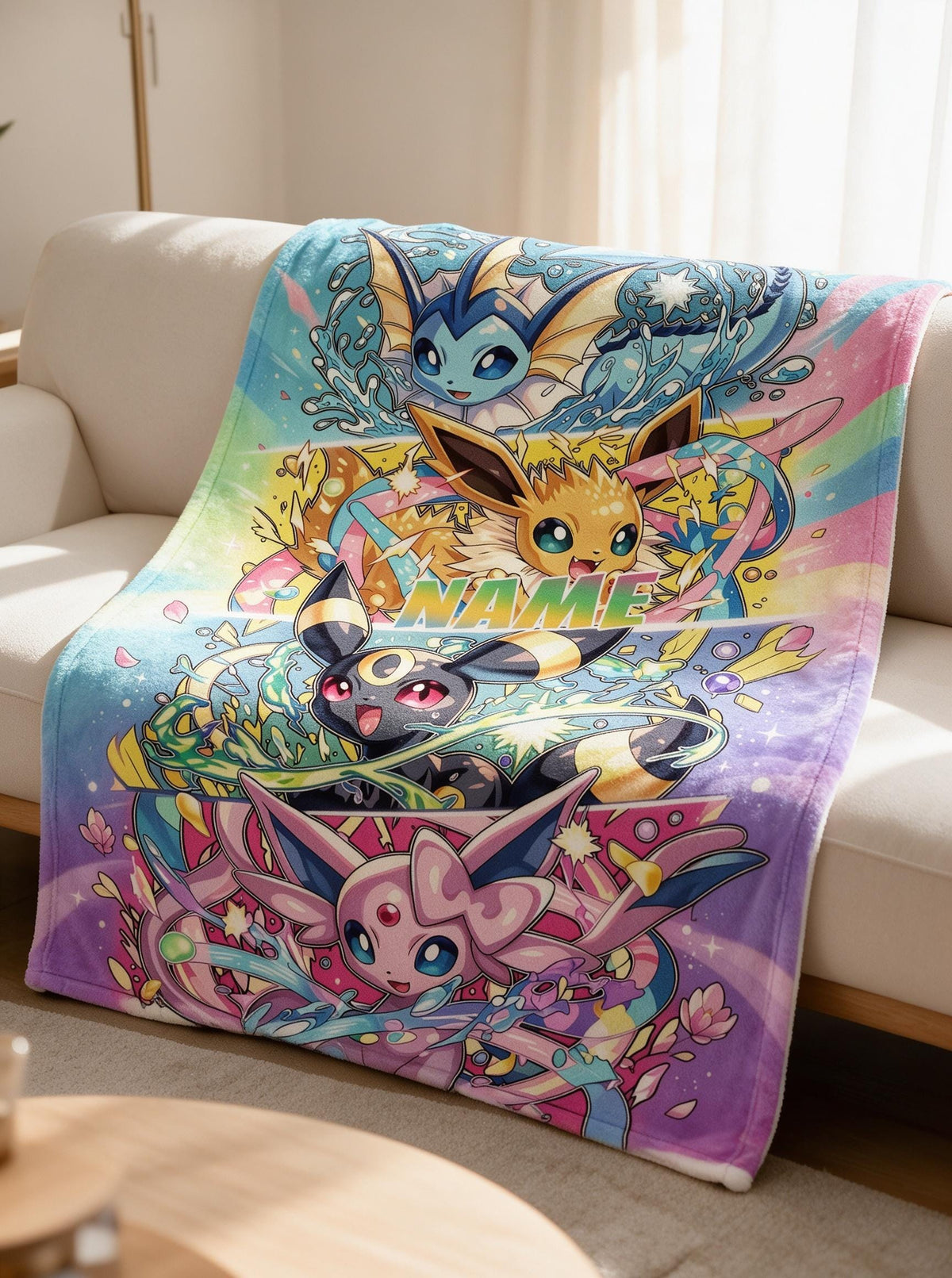 Eevee Evolutions Custom Flannel Blanket, Personalized Name Pokémon Throw, Vaporeon Jolteon Umbreon Sylveon Fan Gift