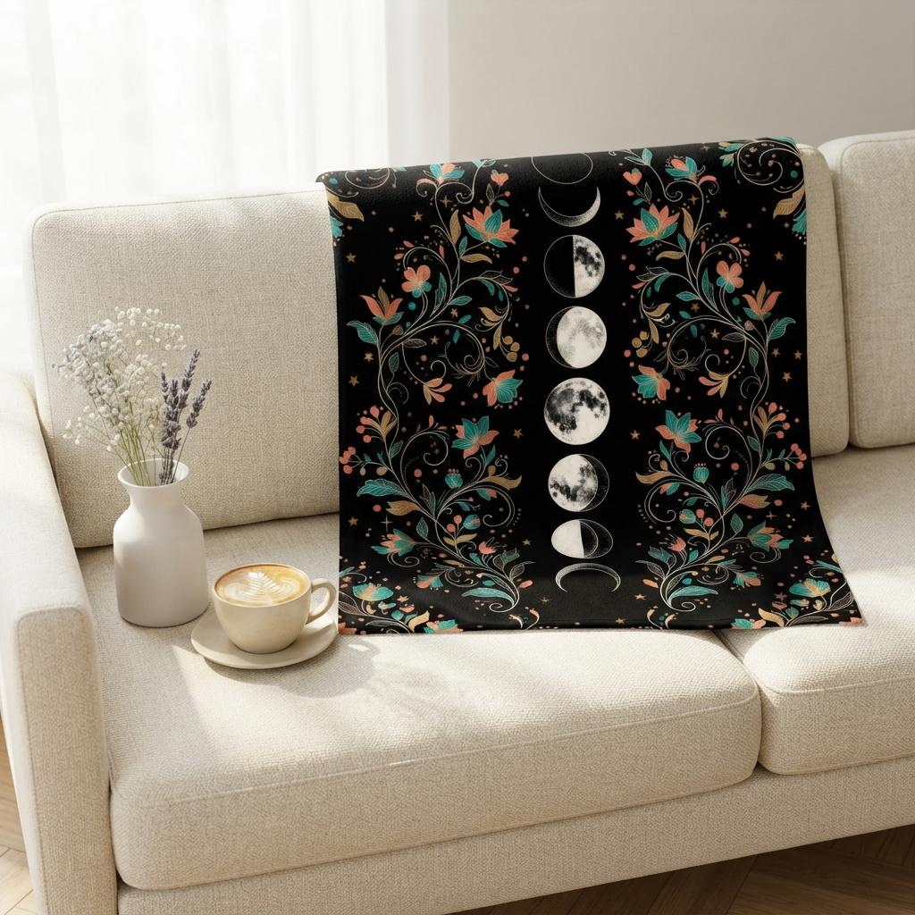 Moon Phase Flannel Blanket, Boho Celestial Throw, Witchy Cozy Blanket, Magical Home Decor, Cottagecore Gift, Soft Fall Throw